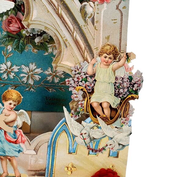 Victorian Antique Vintage Germany Diecut Fold Out Garden Scene Valentines Card - Picture 12 of 16